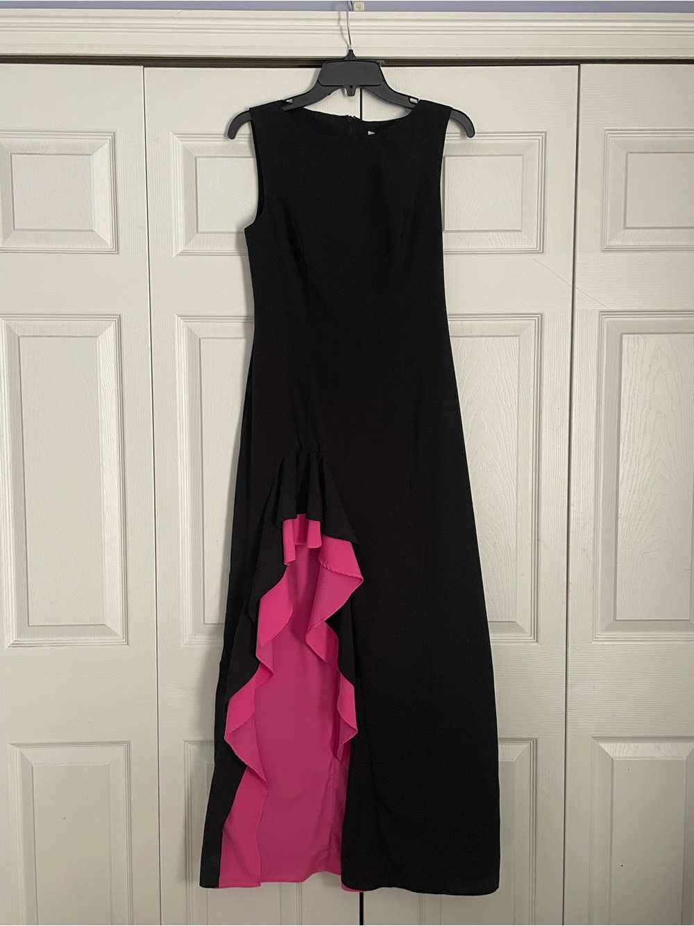 Elegant Black Evening Gown by Hutch with Hot Pink Ruffle Accent